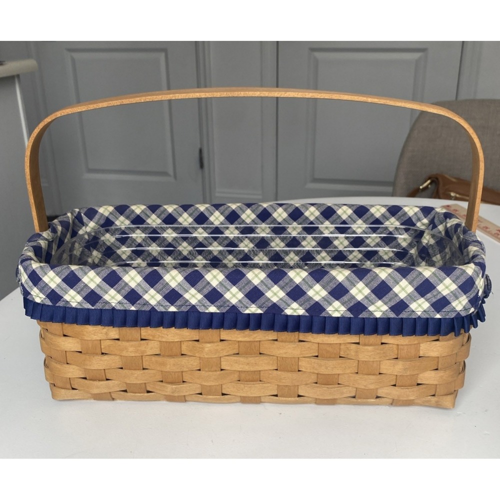Longaberger Blue Ribbon Canning Basket Plaid Fabric Liner & Plastic Protector